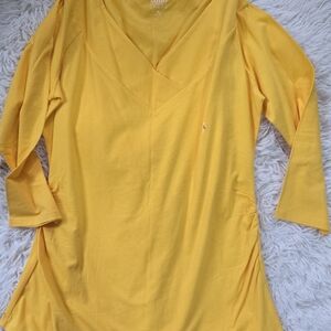 New York & Company Yellow Asymmetrical 3/4 Sleeve Bodysuit